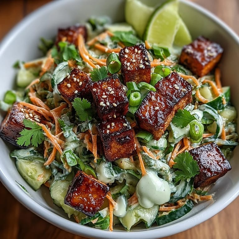 Freshly plated creamy Asian cucumber salad with crispy tofu is served with lime wedges on a rustic table.