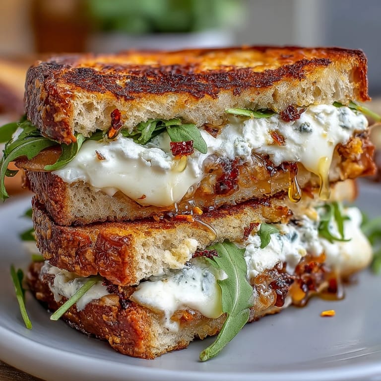Gooey chèvre and cream cheese peek from between buttery brown slices, with honey and red chili flakes sprinkled on top.