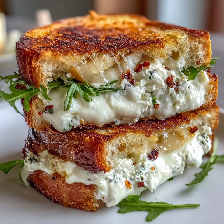 A skillet holds a perfectly golden Goat Cheese Grilled Cheese with Honey & Chili Flakes, cut in half to show melted, creamy cheese.