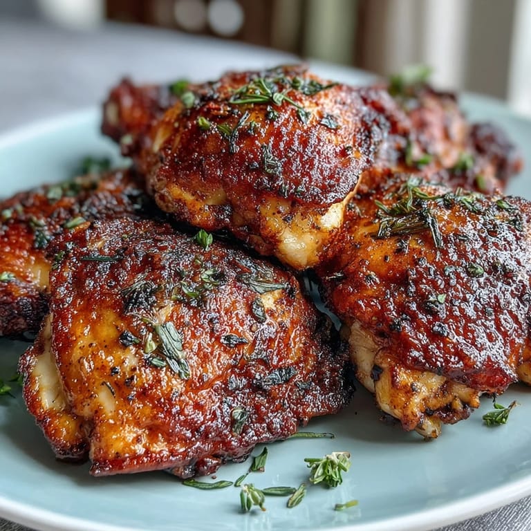 A close-up of Crispy Baked Bone-In Chicken Thighs on a wire rack next to a smoky spice blend.