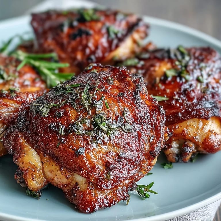 Golden-brown Crispy Baked Bone-In Chicken Thighs garnished with fresh parsley on a serving platter for dinner.