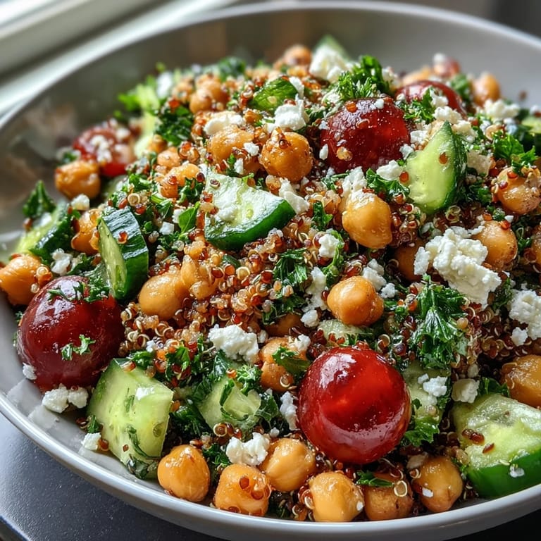 The finished High Protein Quinoa & Chickpea Salad in a white bowl, garnished with fresh parsley, ready for a nutritious lunch or dinner.