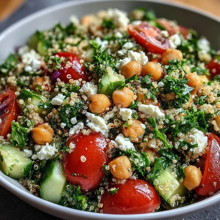 Serving bowl of High Protein Quinoa & Chickpea Salad featuring fluffy quinoa, chickpeas, and fresh vegetables, perfect for a Mediterranean-inspired meal.