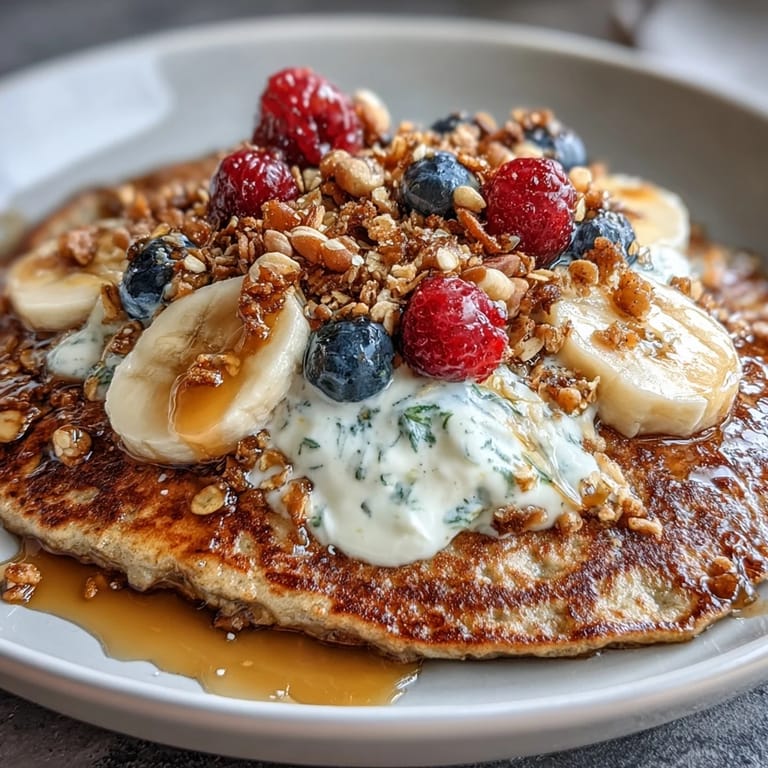 Protein Pancake Bowl featuring fluffy oat-banana pancakes topped with crunchy nuts, seeds, and a nut butter swirl.