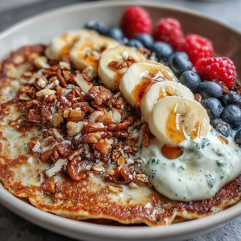 A warm Protein Pancake Bowl layered with tangy yogurt, sliced bananas, mixed berries, and granola for texture.