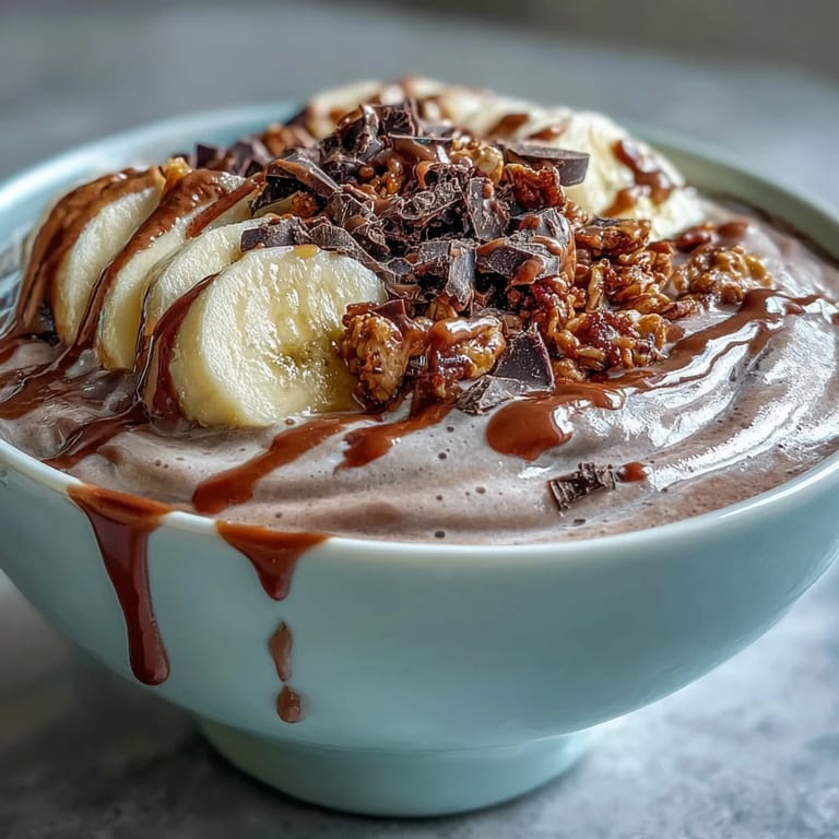 Healthy Chocolate Peanut Butter Smoothie Bowl with Greek yogurt and bananas, perfect for a quick, protein-packed breakfast.
