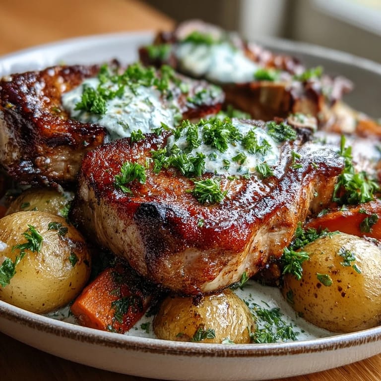 Savory Crockpot Ranch Pork Chops paired with mashed potatoes and carrots, garnished with fresh parsley.