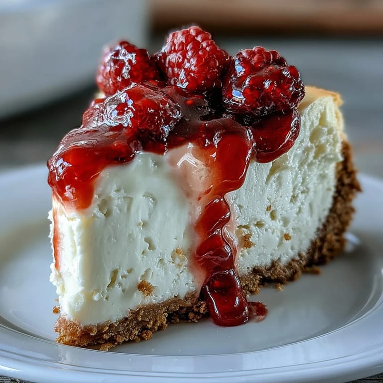 A slice of Indulgent White Chocolate Raspberry Cheesecake Bliss topped with fresh raspberries on a marble platter.