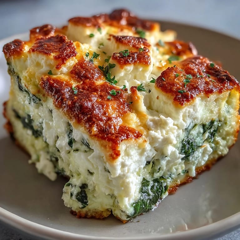 A slice of High Protein Spinach Artichoke Bake is lifted by a spatula, revealing creamy cottage cheese, spinach, and artichoke layers.