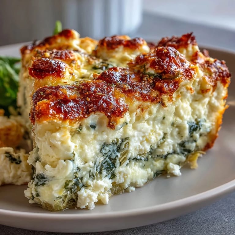 Served on a white plate with a fresh salad, the High Protein Spinach Artichoke Bake looks golden, savory, and perfectly set.