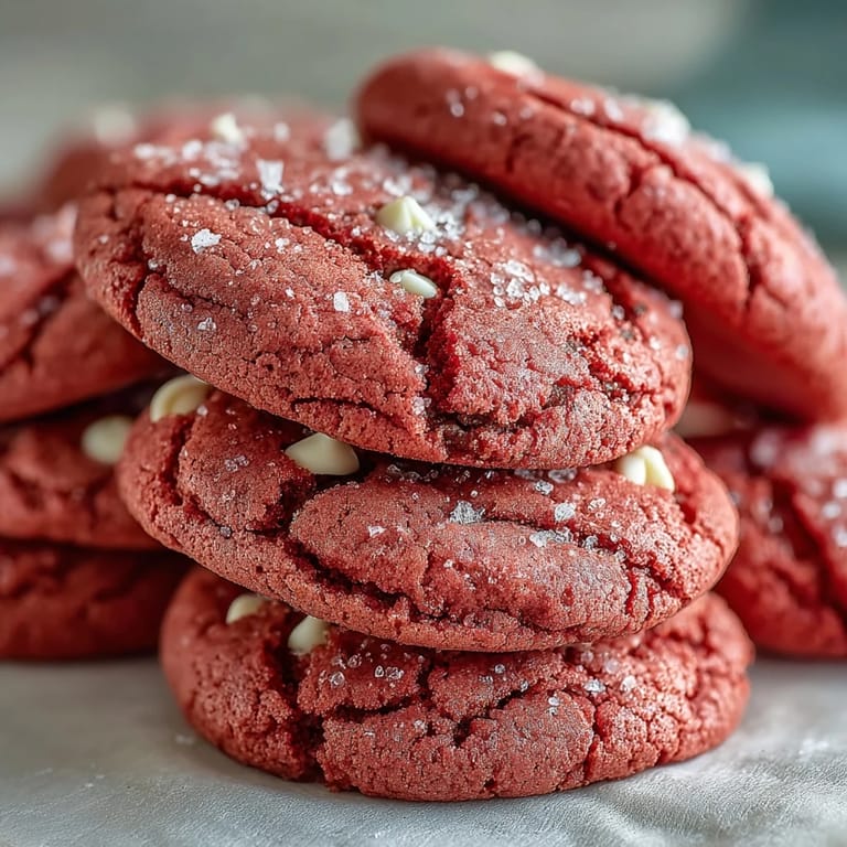 A batch of vibrant Pink Velvet Cookies features gooey white chocolate chips on a marble countertop.