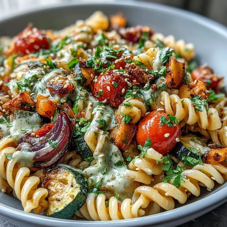 Wholesome Chickpea Pasta Bowl with vibrant roasted veggies and sesame seeds, served warm for a satisfying plant-based dinner.
