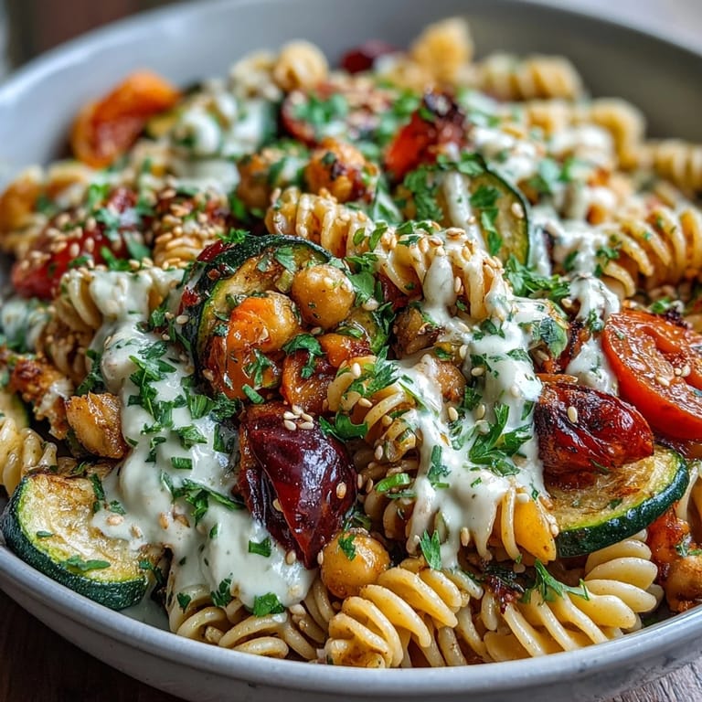 A colorful bowl of Chickpea Pasta with roasted vegetables, drizzled with creamy tahini sauce and sprinkled with fresh parsley.