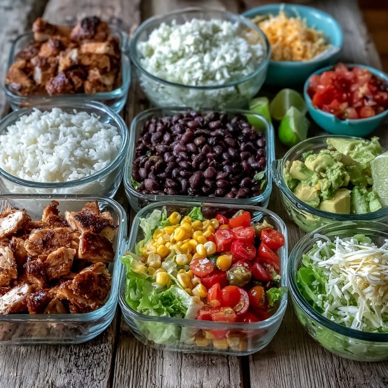 A neat serving of Meal Prep Burrito Bowl Base with chopped veggies and toppings ready to enjoy.