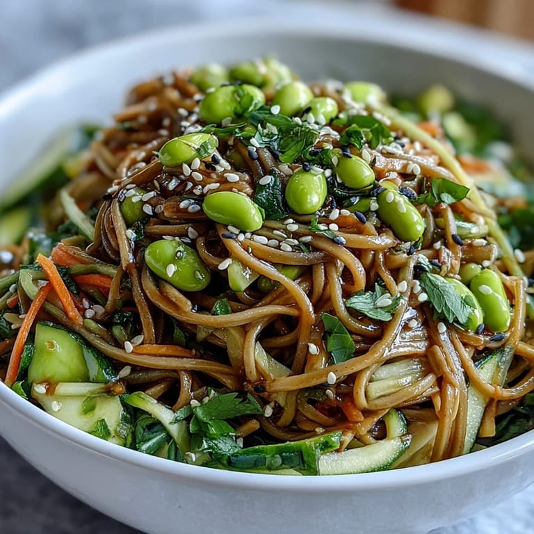 Appetizing Soba Noodle Bowl featuring buckwheat noodles, crisp veggies, and savory sesame sauce, ready to eat.