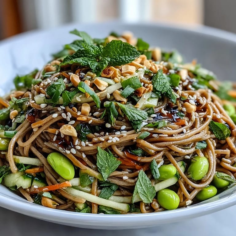 Chilled Soba Noodle Bowl garnished with fresh scallions and toasted sesame seeds, served on a ceramic plate.