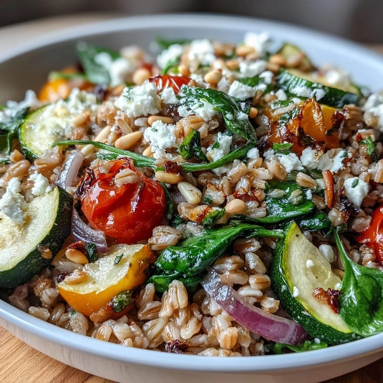 A wholesome serving of farro pasta topped with crumbled feta, fresh parsley, and toasted pine nuts, enjoyed warm as a vibrant vegetarian dinner.