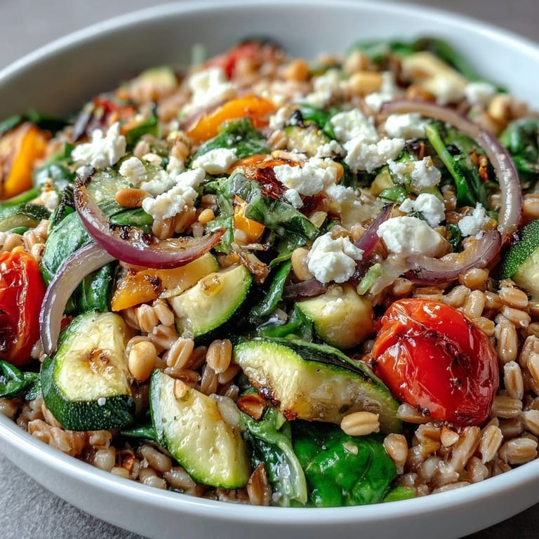 Close-up of a fork-ready farro pasta bowl with sautéed Mediterranean vegetables and spinach, perfect for a light, easy weeknight meal.