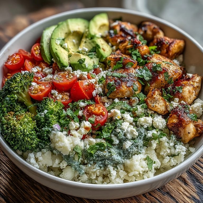 Quickly sautéed cauliflower rice serves as the base for a low-carb bowl with chicken, veggies, and feta.