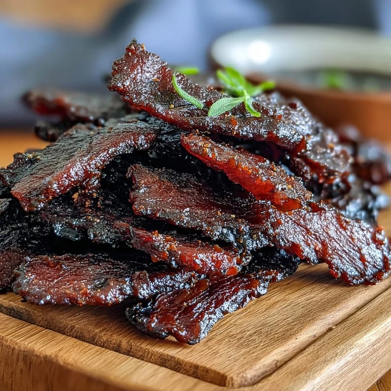 Homemade Black Currant Smoky Jerky marinated in fruit preserves and spices, perfect for high protein snacking.
