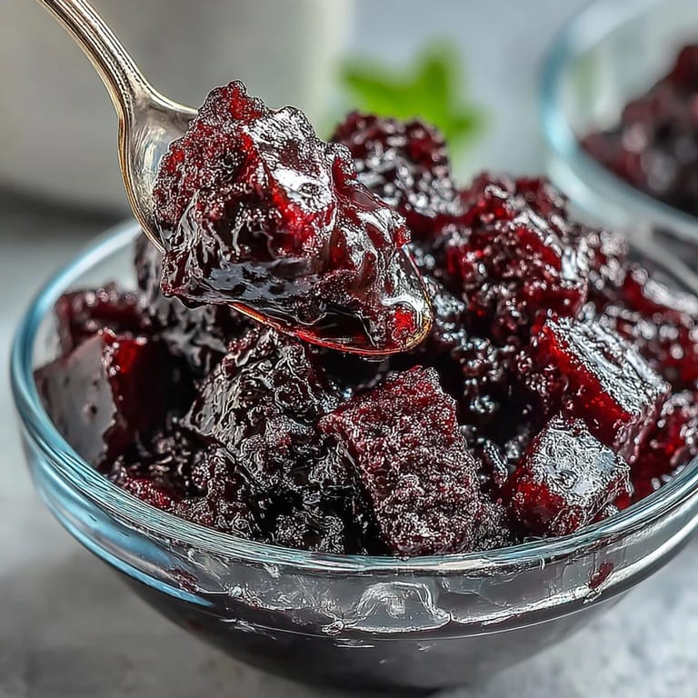 Black Currant Granita served in a clear dessert bowl, the flaky, crystalline frozen dessert catching the light, highlighting its vibrant hue and refreshing texture.  