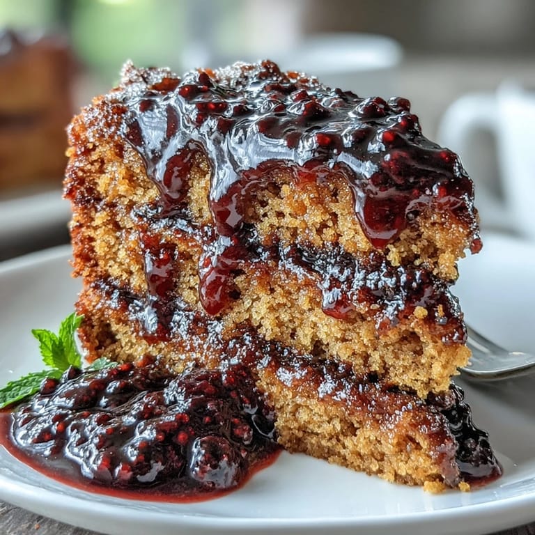 Fresh black currants are simmered into a glossy sauce, poured generously over slices of the PB and J Cake With Black Currant Sauce on a white dessert plate.