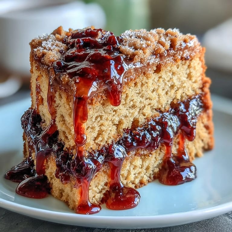 Rich peanut butter frosting and a pool of dark black currant sauce top a slice of PB and J Cake With Black Currant Sauce, ready to be served.