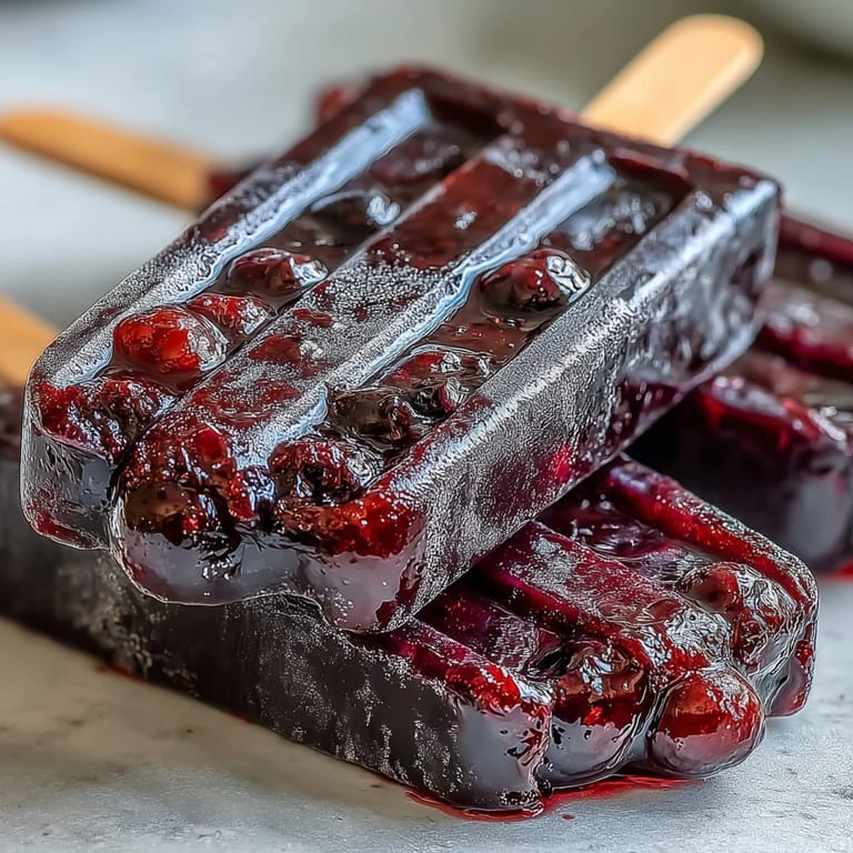 A close-up of a dripping Black Currant Popsicle held by a hand, highlighting the deep purple color and refreshing juice.