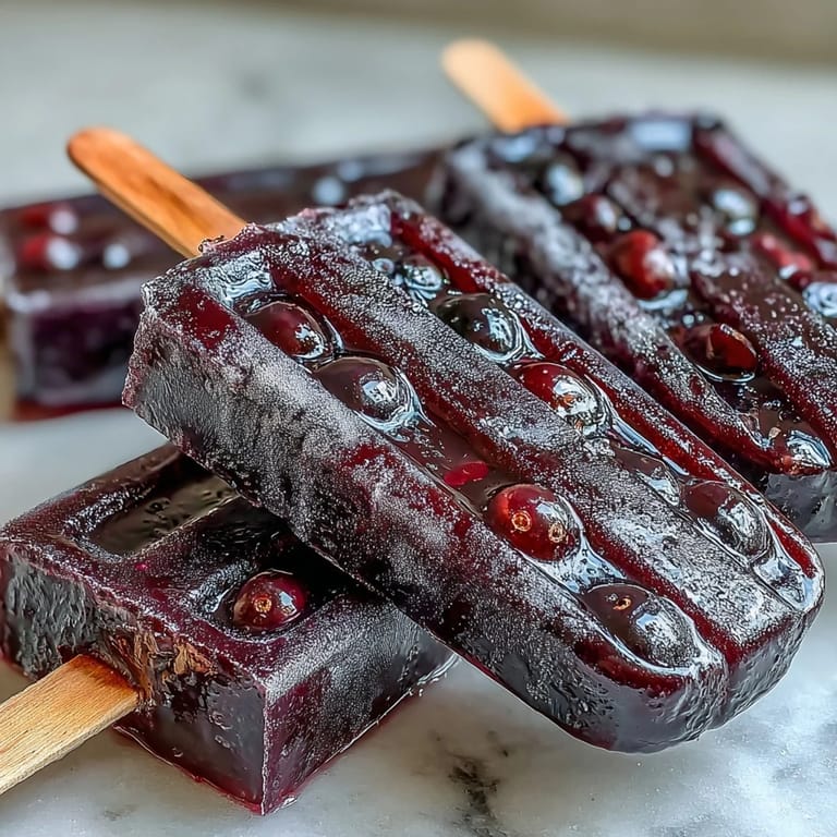 Two homemade Black Currant Popsicles resting on ice, garnished with fresh mint, perfect for a hot day.