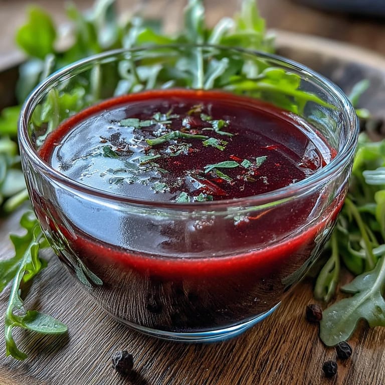 Overhead view of homemade Black Currant Vinaigrette drizzled over a colorful salad with beets, goat cheese, and walnuts.  
