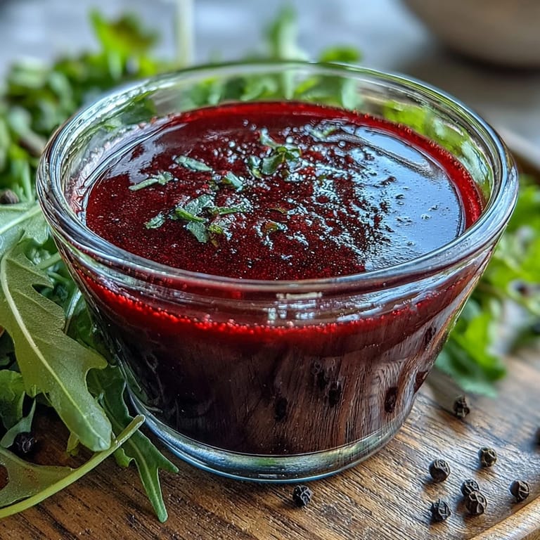 The deep purple hue of Black Currant Vinaigrette in a small glass pitcher, paired with fresh salad greens and herbs.