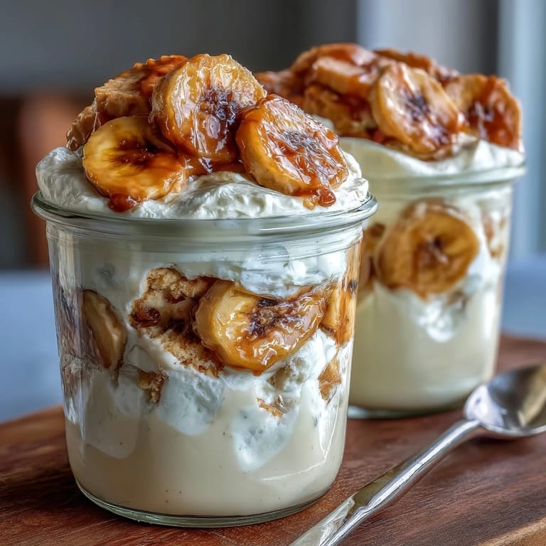 Delicious Protein Banana Pudding dessert featuring smooth custard layers, wafers, and banana slices in clear glass.