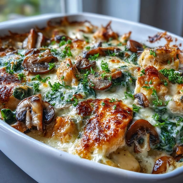 Sliced mushrooms and wilted spinach layer in Chicken Spinach & Mushroom Low Carb Oven Dish, served warm for dinner.