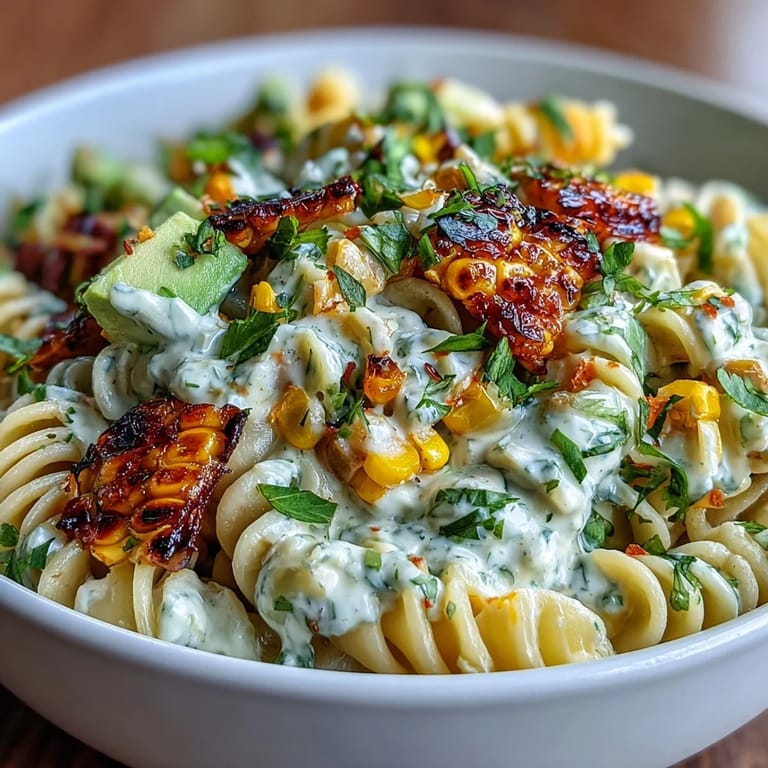 Drizzled with chili butter and lime mayo, this vibrant Creamy Street Corn Pasta Salad promises smoky, creamy, and spicy flavors.