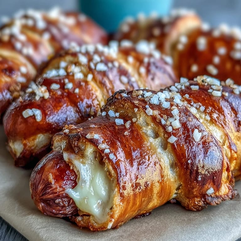 Served on a platter with yellow mustard and cheese sauce, these Soft Baked Cheesy Pretzel Dogs are the ultimate game day snack or party appetizer.