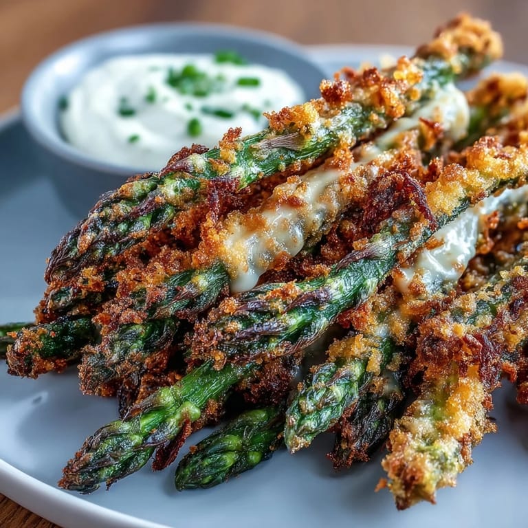 Seasoned Crispy Chili-Garlic Asparagus Fries dipped in creamy sriracha mayo, a delicious vegetarian appetizer or side dish for any dinner.