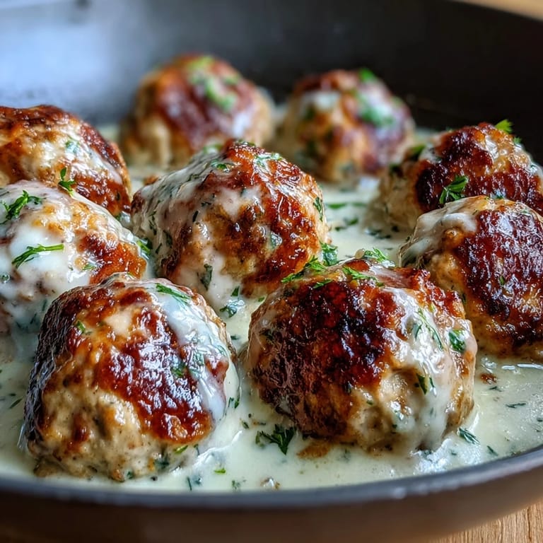 Spoon serving Creamy Garlic Ranch Turkey Meatballs over mashed potatoes for a comforting dinner.