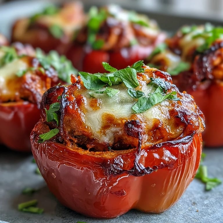 Roasted mini sweet peppers filled with savory Korean-Style Turkey Stuffed Sweet Peppers and garnished with toasted sesame seeds and green onions.