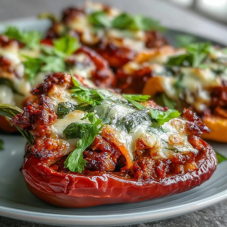 A close-up of Korean-Style Turkey Stuffed Sweet Peppers topped with bubbly cheese, served alongside steamed rice for a delicious dinner.