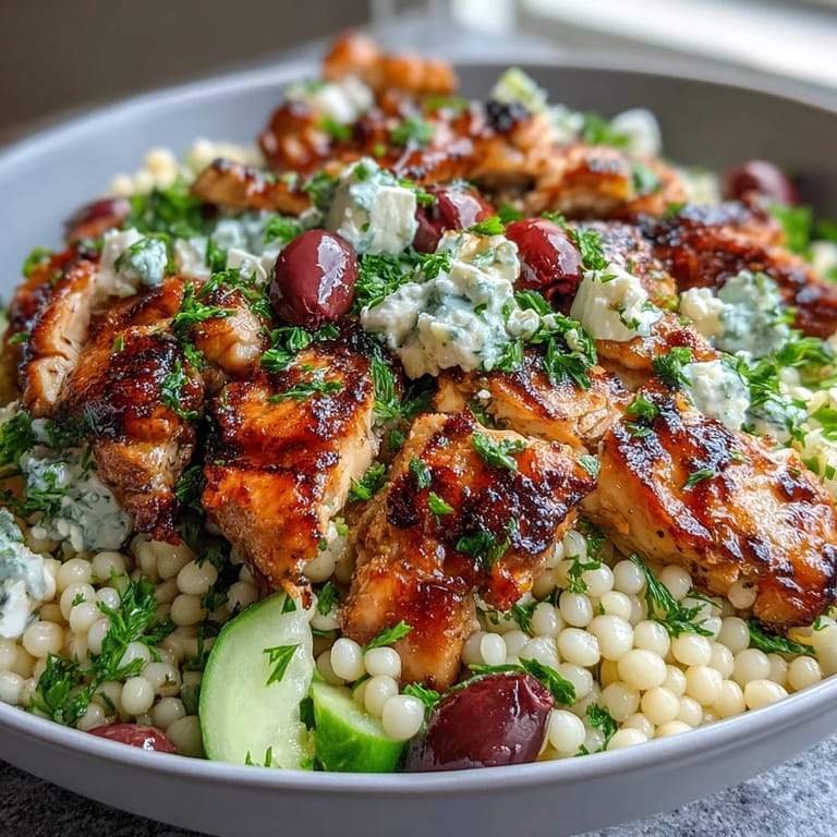 Served in a wide bowl, this Mediterranean Pearl Couscous Chicken Bowl features hearty couscous salad and warm, seasoned chicken strips.
