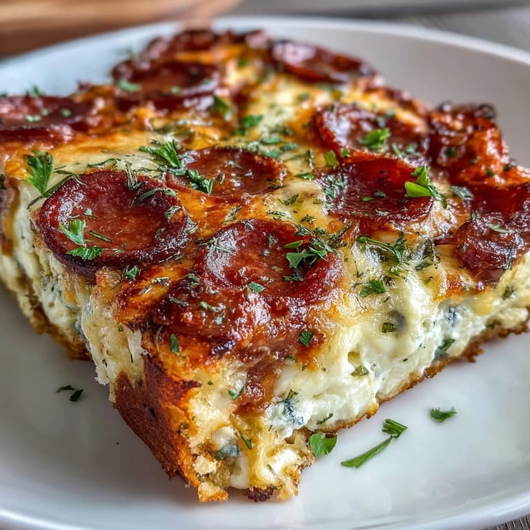 A close-up view of a warm slice of High-Protein Pizza Breakfast Casserole served on a plate with fresh parsley.