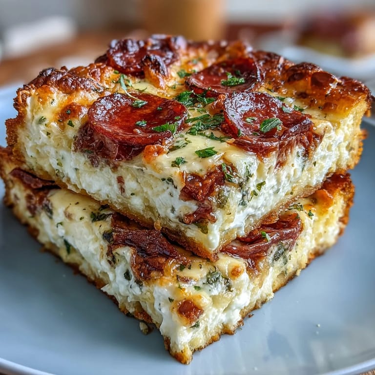 Sliced High-Protein Pizza Breakfast Casserole revealing fluffy eggs and gooey mozzarella on a Greek yogurt dough crust.
