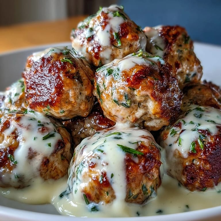 Freshly baked Creamy Garlic Ranch Turkey Meatballs coated in a thick garlic cream sauce, presented in a rustic skillet ready for a family dinner.