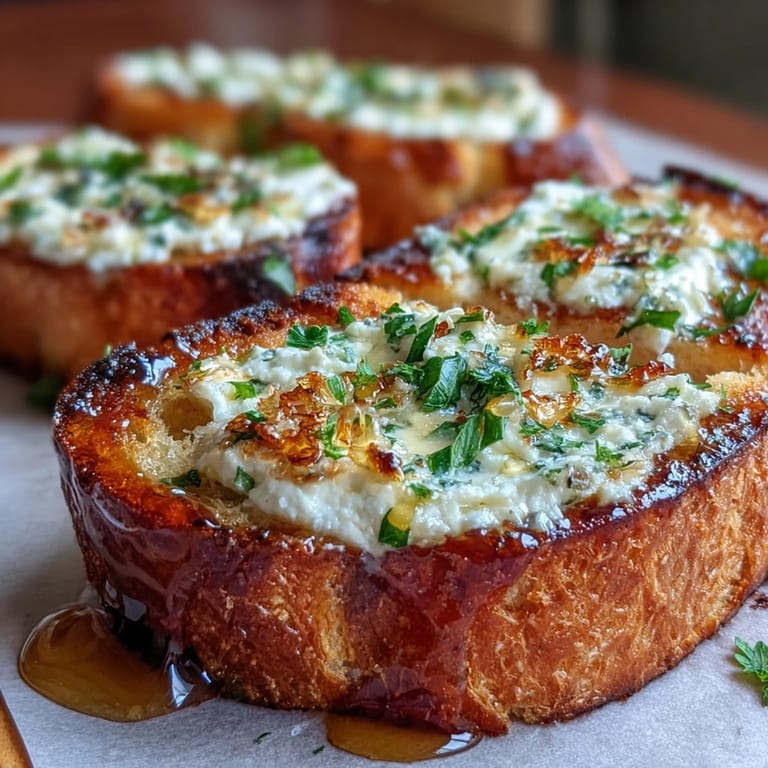 Freshly baked Hot Honey Ricotta Garlic Bread with creamy ricotta spread and red pepper flakes.