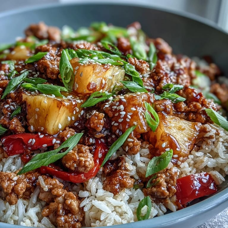 Garnished Sweet-and-Sour Turkey Rice Skillet in a skillet, showing fluffy rice, green onions, and sesame seeds.