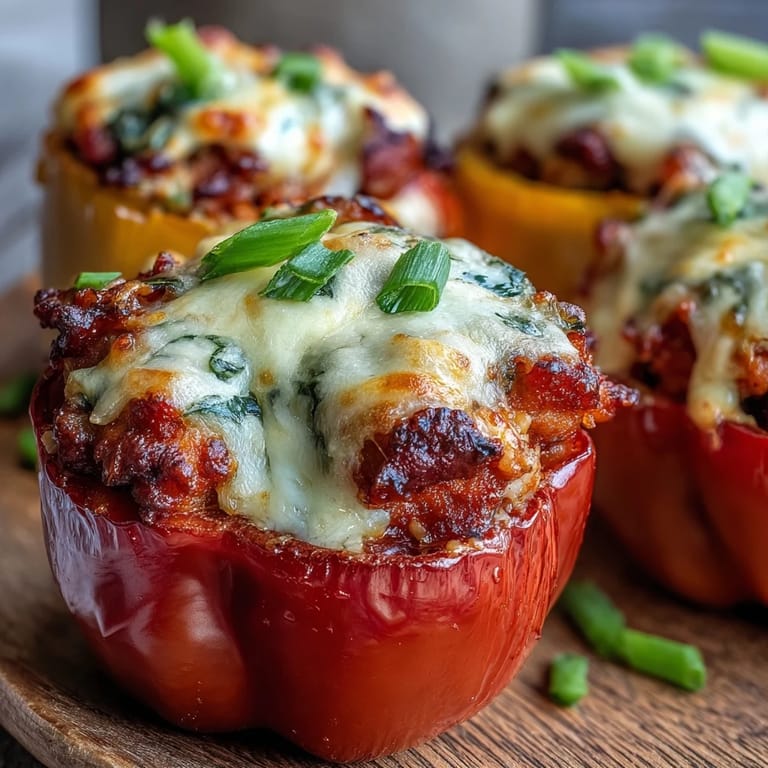 Cheesy Korean-Style Turkey Stuffed Sweet Peppers garnished with green onions on a parchment-lined tray, steam rising.