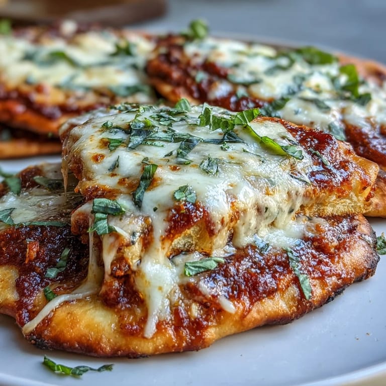 Fresh torn basil leaves and a sprinkle of sea salt finish these easy Garlic Naan Margherita Pizzas, perfect for a weeknight meal.