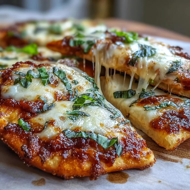 Golden, crispy-edged naan cradles gooey melted mozzarella and red marinara in these bubbling hot Garlic Naan Margherita Pizzas, ready to slice and serve.