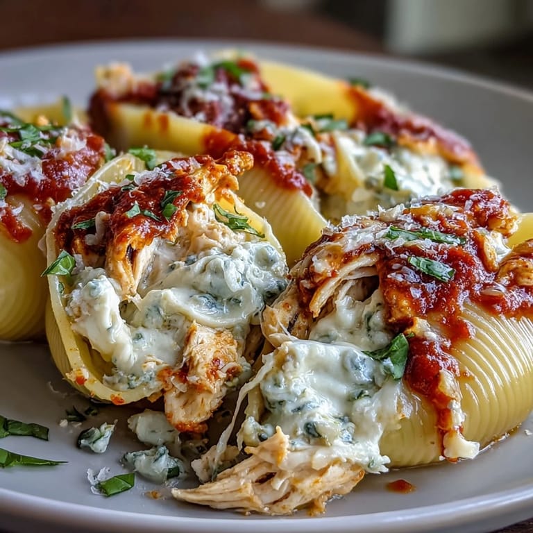 Close-up of Pesto Chicken Stuffed Shells Lite on a fork, showing cheesy, herby filling and zesty marinara sauce.