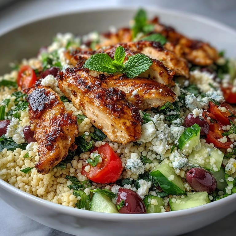 Mediterranean Pearl Couscous Chicken Bowls are served in a white bowl with cucumbers, cherry tomatoes, olives, and red onion, drizzled with lemon dressing.